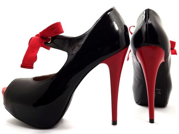 Sapato Peep Toe Meia Pata Preto/Vermelho