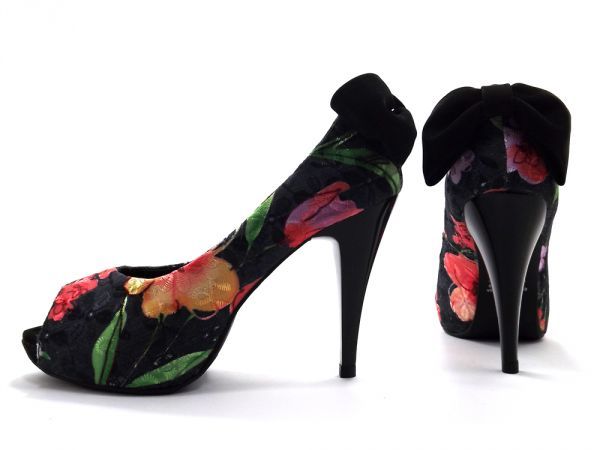 Sapato Peep Toe Meia Pata Preto/Flor