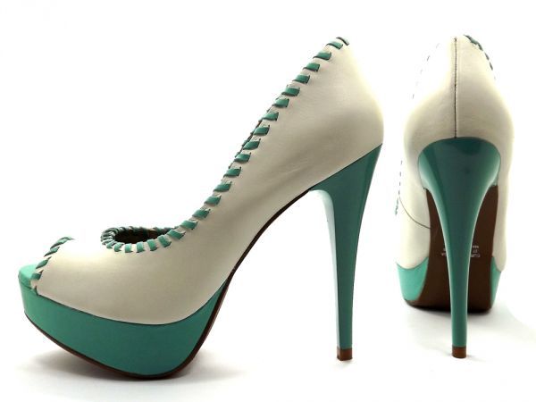 Sapato Peep Toe Meia Pata Verde e Bege